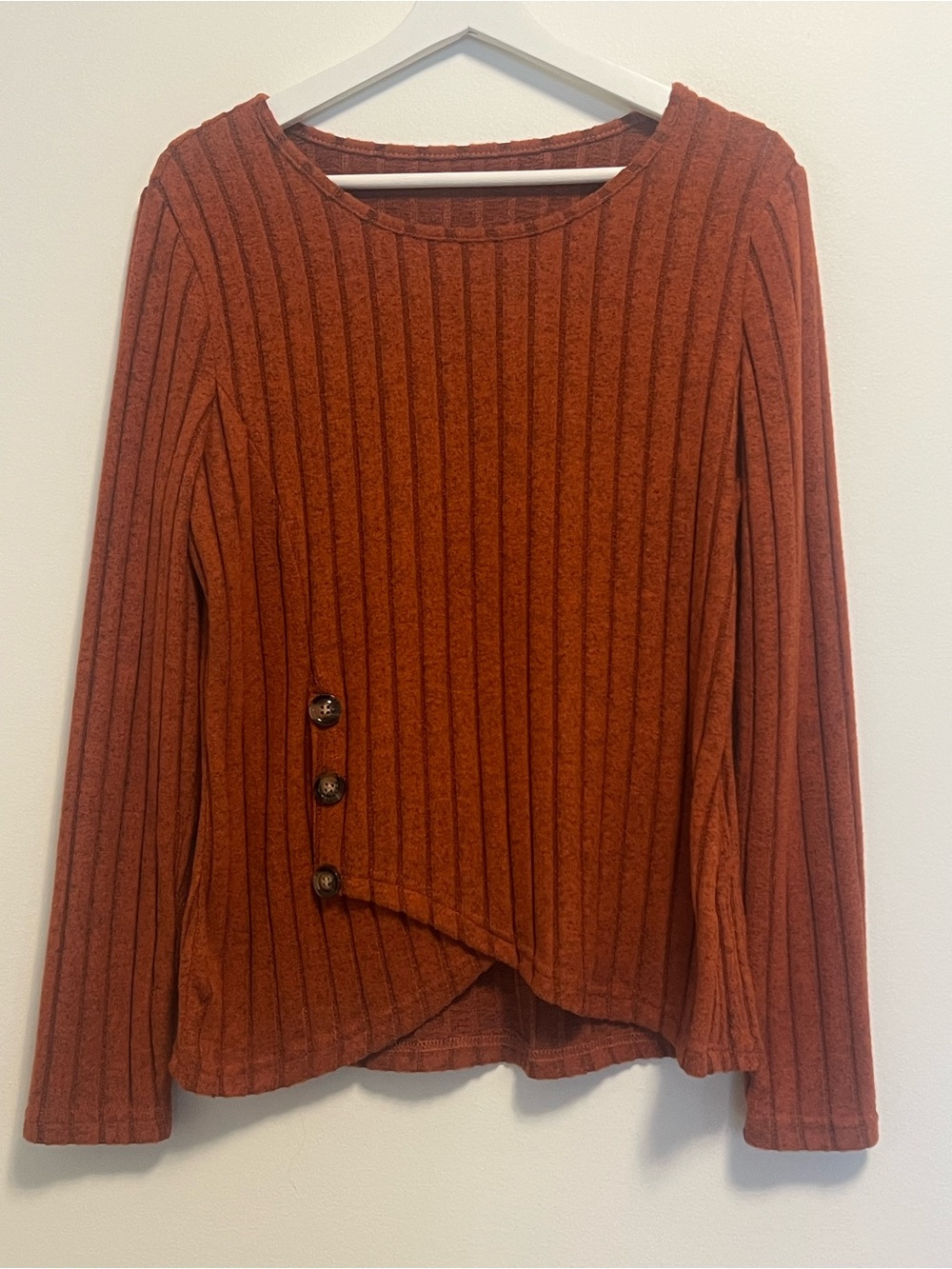 Rust Orange Ribbed Knit Sweater | Scoop Neck Button Detail Top | Workwear